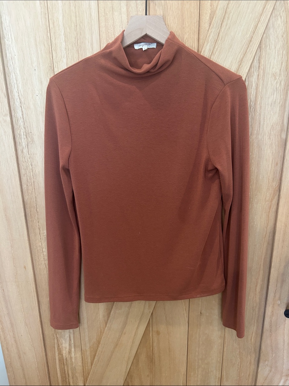 Mystree Long Sleeve Mock Neck Top in Rust Brown